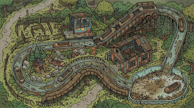 Vintage log flume ride illustration, hand-drawn amusement park water attraction, isometric retro theme park map, rustic wooden roller coaster in forest