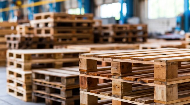 Stacks of empty wooden pallets in industrial warehouse storage