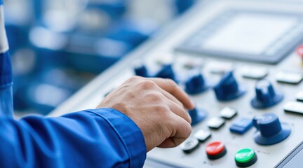 Obraz premium Worker hand operating industrial machine control panel