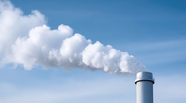 Industrial chimney emitting thick white smoke against clear blue sky