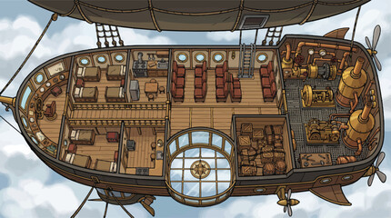 Steampunk airship interior cross section, vintage flying machine with engine room and cabins, fantasy dirigible transport vector illustration © xantii
