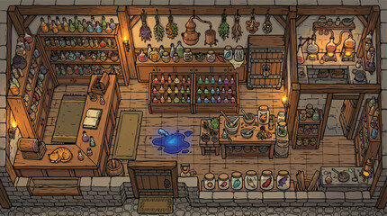 Medieval alchemist shop interior vector, fantasy apothecary laboratory with magic potions and herbs, isometric RPG game background illustration © xantii