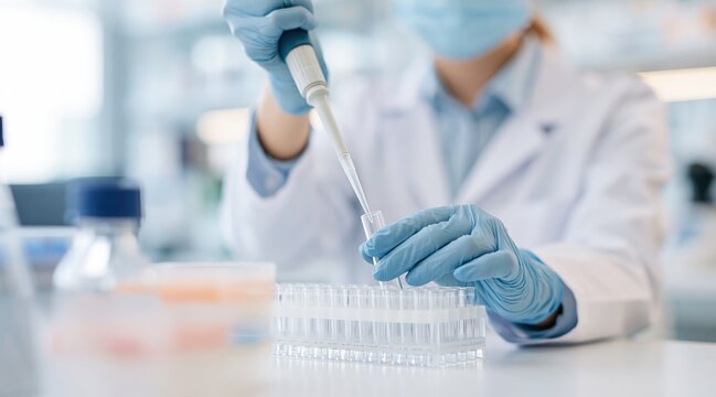 Scientist using micropipette to transfer liquid into test tube in laboratory