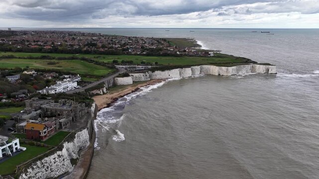 Aerial view flying over kingsgate bay white cliffs