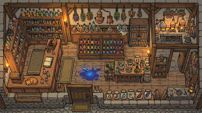 Medieval alchemist shop interior vector, fantasy apothecary laboratory with magic potions and herbs, isometric RPG game background illustration