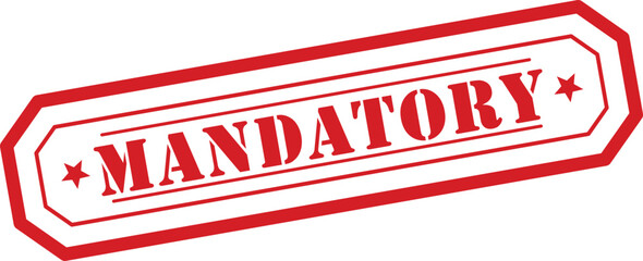 A striking red rectangular stamp presents the word MANDATORY with star embellishments on a bright white surface © designboundary