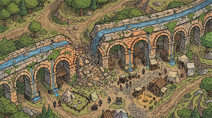 Isometric fantasy map of a broken stone aqueduct, medieval village ruins with market tents, ancient roman bridge architecture in a forest landscape vector © xantii