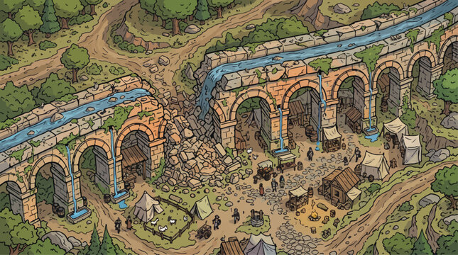 Isometric fantasy map of a broken stone aqueduct, medieval village ruins with market tents, ancient roman bridge architecture in a forest landscape vector