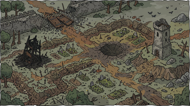 Medieval battlefield landscape with trenches and crater, ruined fantasy war zone with watchtower and graveyard, isometric hand-drawn battle map for tabletop gaming