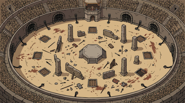 Ancient Roman gladiator arena vector illustration, top view of bloody colosseum battleground with stone pillars, historical combat stadium for gaming and fantasy concept art