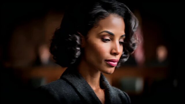 Female diversity. Human rights, equal opportunity concept. A portrait of a woman, captured in a side profile. She has dark, voluminous hair styled in an updo. Her makeup is subtle.