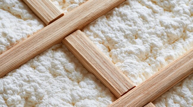 Spray foam insulation filling gaps between wooden studs