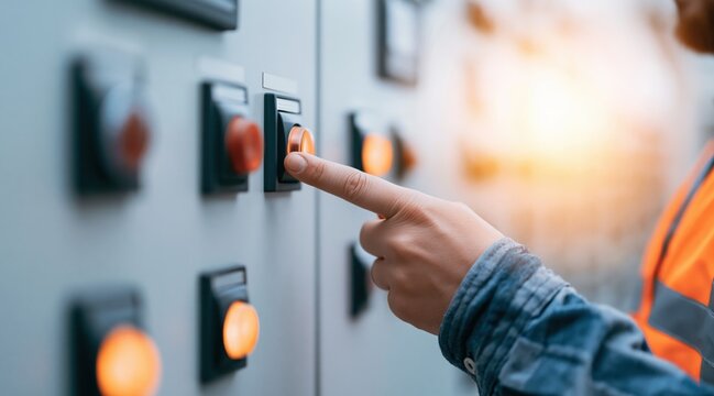 Close up of hand pressing orange button on industrial control panel