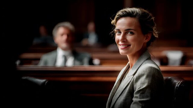 Female diversity. Human rights, equal opportunity concept. A portrait of a woman seated in a courtroom. She wears a gray blazer and her hair is styled in a neat updo. The woman smiles.