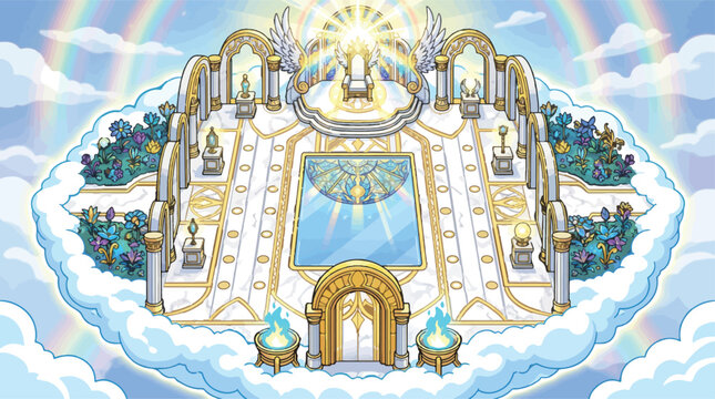 Heavenly celestial palace vector illustration, divine golden throne on clouds with rainbow, ethereal kingdom of light background for gaming and fantasy