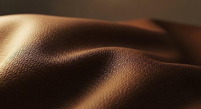 Close up of a brown leather texture with soft lighting and shadows.
