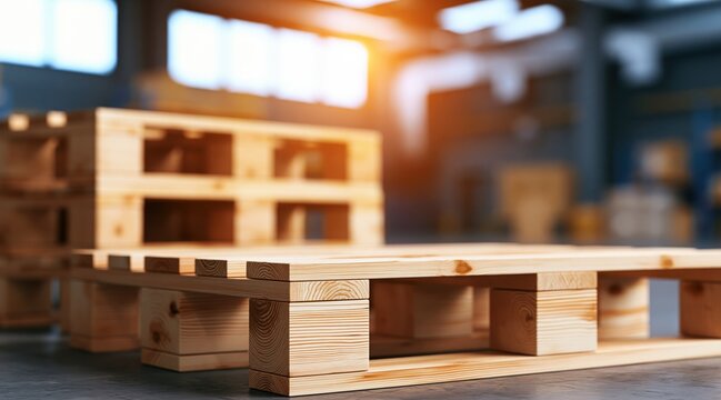 Empty wooden pallets stacked in industrial warehouse storage