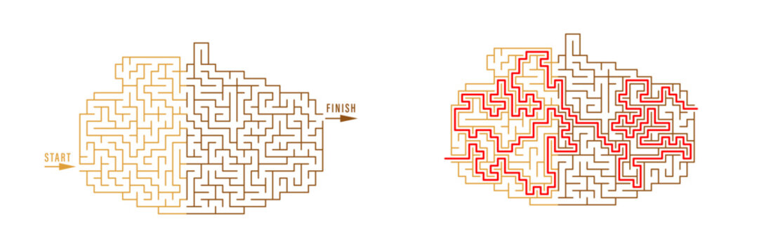 Pumpkin shaped maze puzzle with entrance and solution path in autumn colors. Concept of halloween entertainment, logic challenge and educational activity