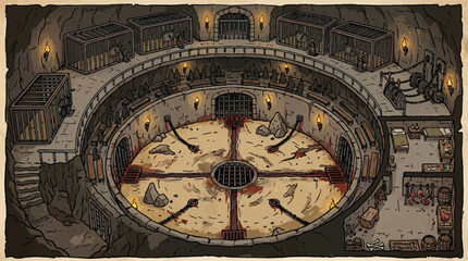 Fantasy underground gladiator arena vector illustration, medieval dungeon fighting pit with cages and torches, hand-drawn battle map for tabletop gaming © xantii