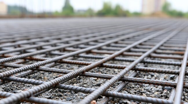 Steel reinforcement grid on gravel base at construction site