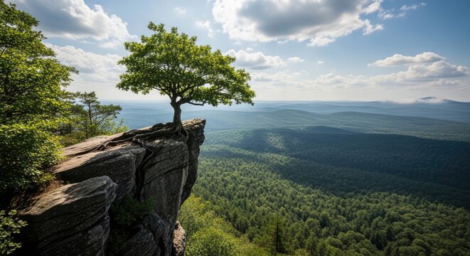 Lone tree on rocky cliff edge overlooking forest valley