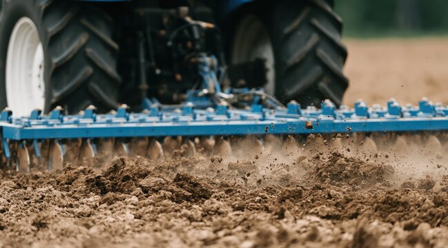 Tractor pulling disk harrow tilling soil in agricultural field