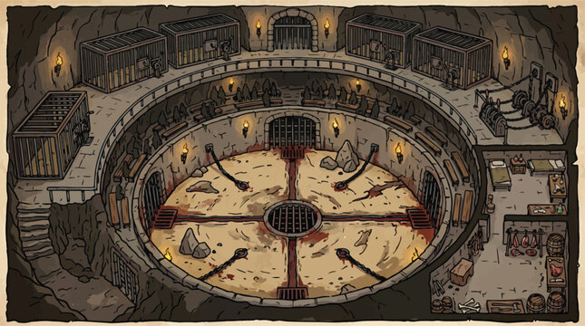 Fantasy underground gladiator arena vector illustration, medieval dungeon fighting pit with cages and torches, hand-drawn battle map for tabletop gaming