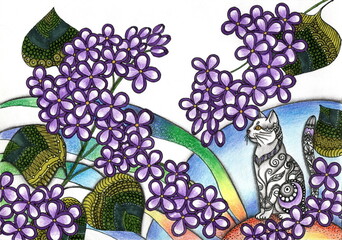 The illustration is filled with tenderness and detailed elaboration in the style of decorative graphics. Natural motifs combine with intricate patterns. A white cat, adorned with elegant black and gra © Tetiana