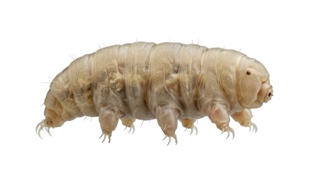 Translucent Tardigrade Crawling in Side View on White Background