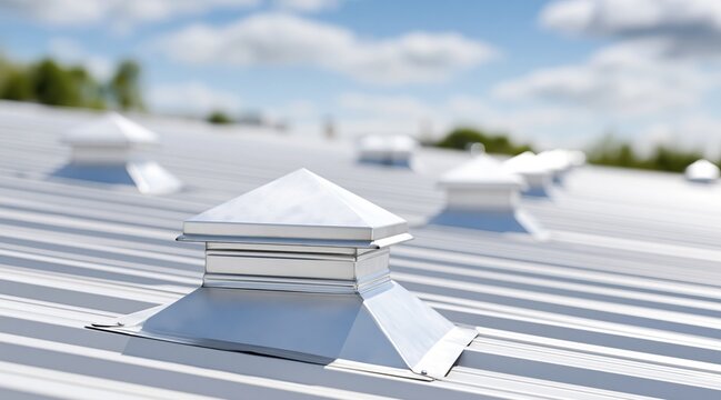 Metal roof vents on corrugated industrial rooftop under blue sky