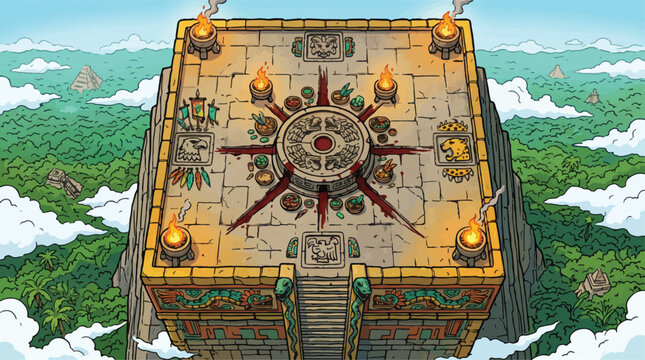 Ancient Aztec temple altar at mountain peak, Mayan stone pyramid in jungle landscape, ritual sacrificial platform with fire torches and tribal symbols