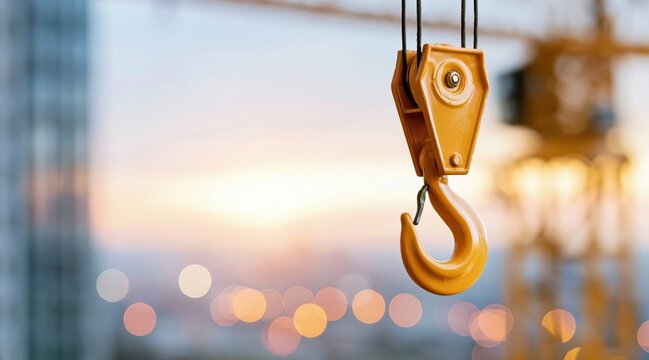 Yellow crane hook with pulley system at construction site during sunset