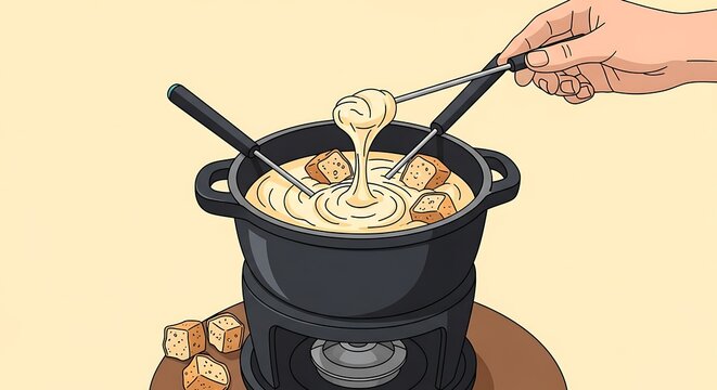 Hand Dipping Bread into a Melted Cheese Fondue Pot Illustration