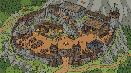 Medieval fantasy fortress vector illustration, isometric wooden castle outpost with stone walls, ancient military camp and village settlement for game design © xantii