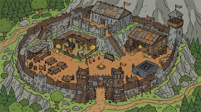 Medieval fantasy fortress vector illustration, isometric wooden castle outpost with stone walls, ancient military camp and village settlement for game design