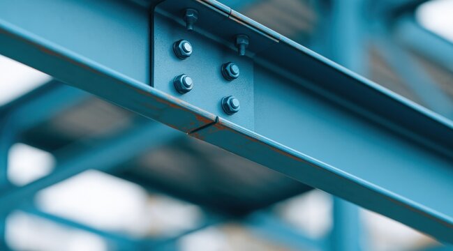 Blue painted steel structure joint with bolts and rust
