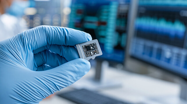 Close-up of an expert in blue gloves holding a microSD card near computers displaying forensic data graphs, digital forensics concept, forensic analysis photography, storage