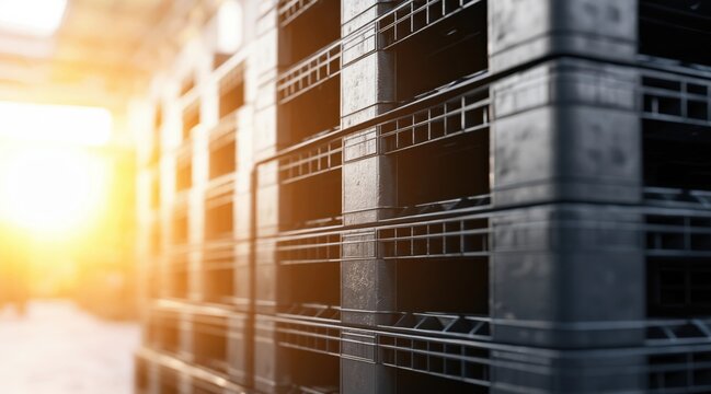 Stack of black plastic pallets in industrial warehouse under bright light