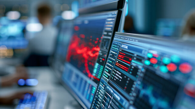 Close-up of a critical zero-day exploit detection on a prominent screen in a dark operations center, zero-day threat concept, SOC alert photography, advanced cyber threat response
