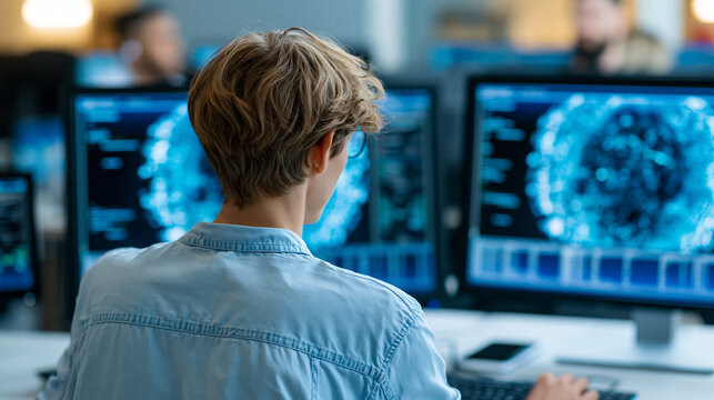 Rear view of a cybersecurity expert using augmented reality interface image to monitor live security data streams, AR data monitoring concept, augmented reality security