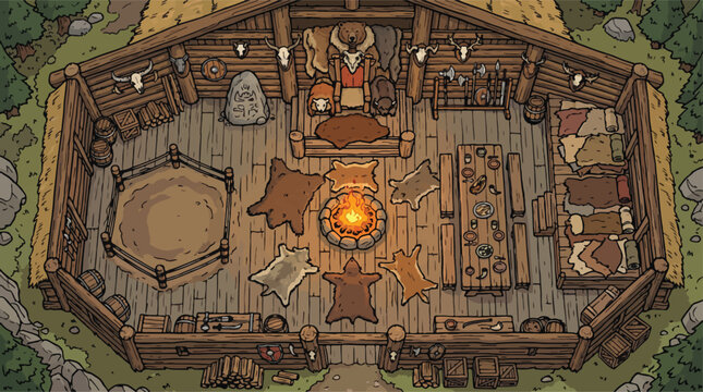 Viking longhouse interior vector illustration, medieval nordic mead hall with central fire pit and animal skins, rustic wooden cabin floor plan for game design