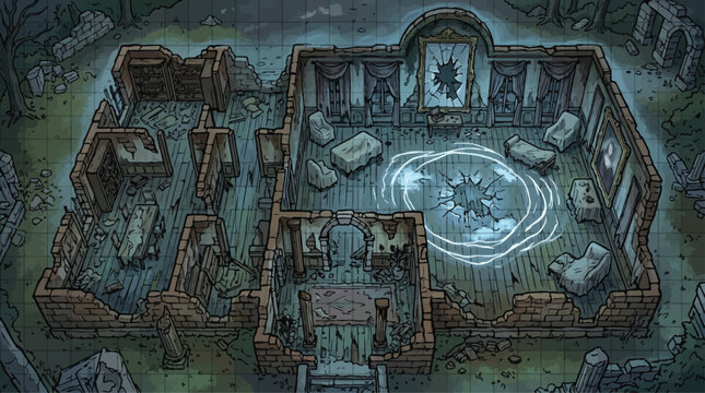 Fantasy RPG battle map of ruined mansion interior, isometric dungeon crawl floor plan with magical portal, abandoned haunted house ruins for tabletop gaming