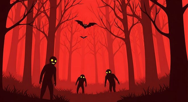 Halloween Illustration of Spooky Forest with Zombies and Bats