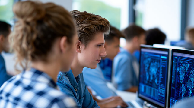 Rear view of a group of young college cybersecurity students looking at screens in a bright room, cybersecurity education concept, student security training photography, college