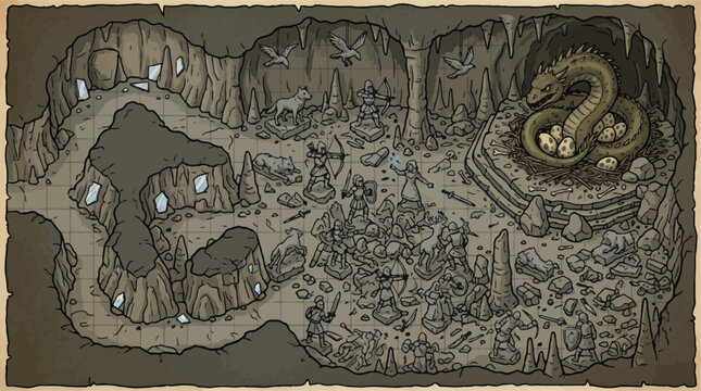 Vintage fantasy dungeon map vector, hand-drawn dragon lair illustration, tabletop RPG adventure game layout with monsters and treasure