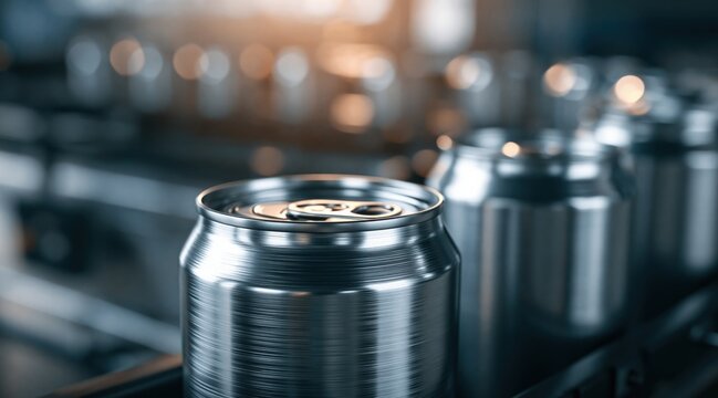 Aluminum cans on production line in beverage factory