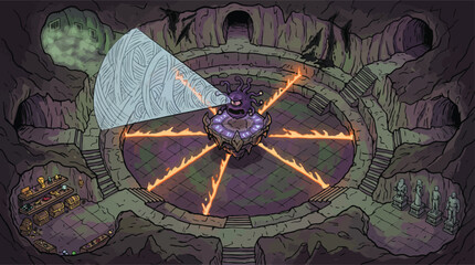 Fantasy dungeon game level design, isometric underground cavern with magic altar and fire, dark cavernous arena for rpg video game background, vector illustration © xantii