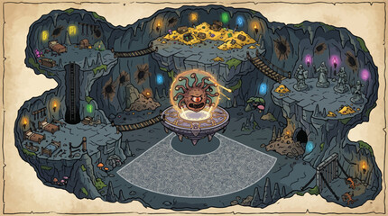 Fantasy dungeon map with monster boss, underground cavern lair with gold treasure and magic portals, hand-drawn adventure game level design vector © xantii