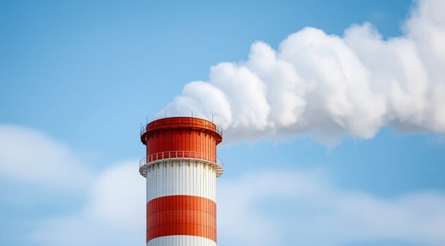 Industrial smokestack emitting white smoke into blue sky
