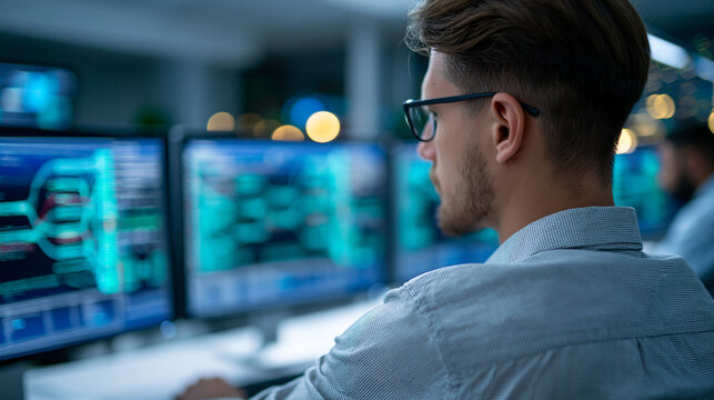 Rear view of a focused cybersecurity professional monitoring complex data streams on multiple screens in a dark control room, threat monitoring concept, SOC control room